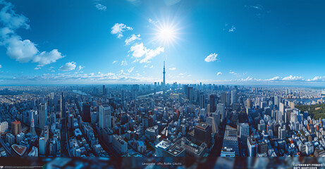 wide angle, tokyo cityscape with clear blue sky, bright daylight, shot from above