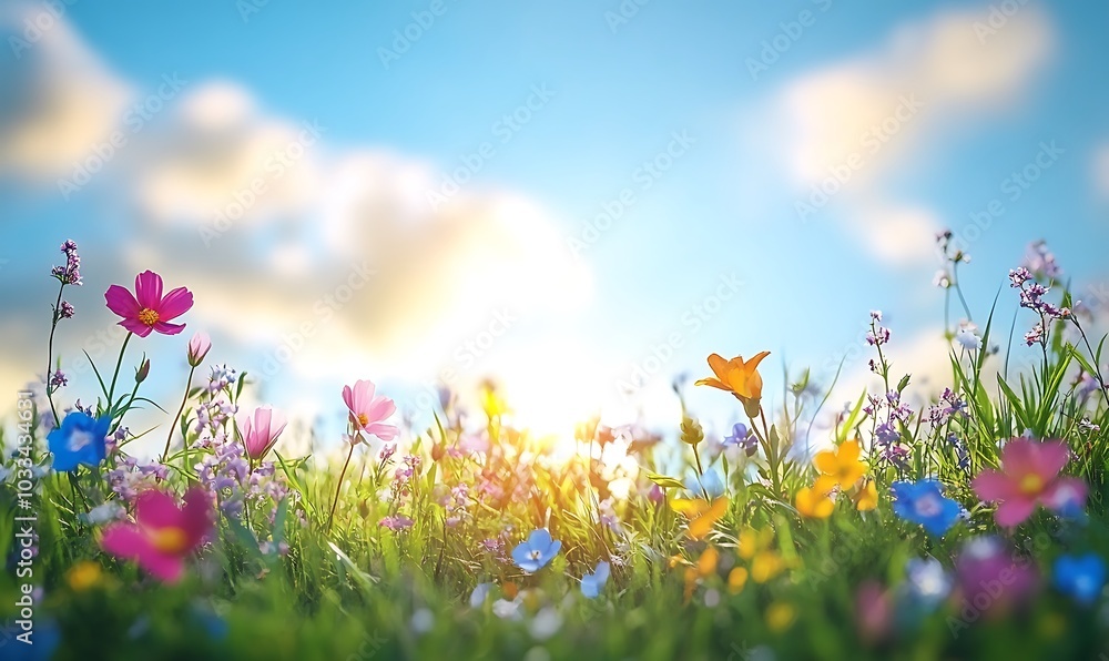 Poster a vibrant field of wildflowers under a bright blue sky, with sunlight filtering through soft clouds,
