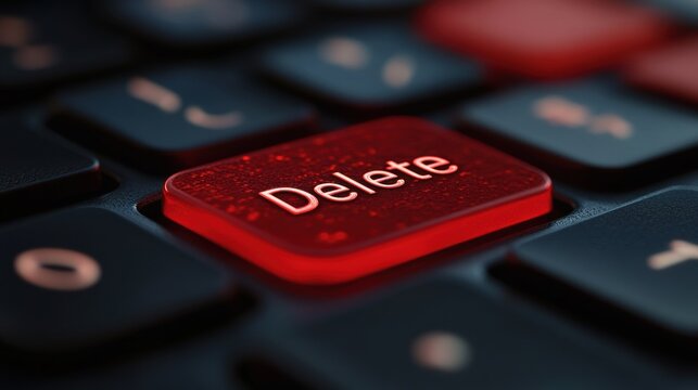 Computer keyboard with a red Delete key in focus, concept of erasing or canceling