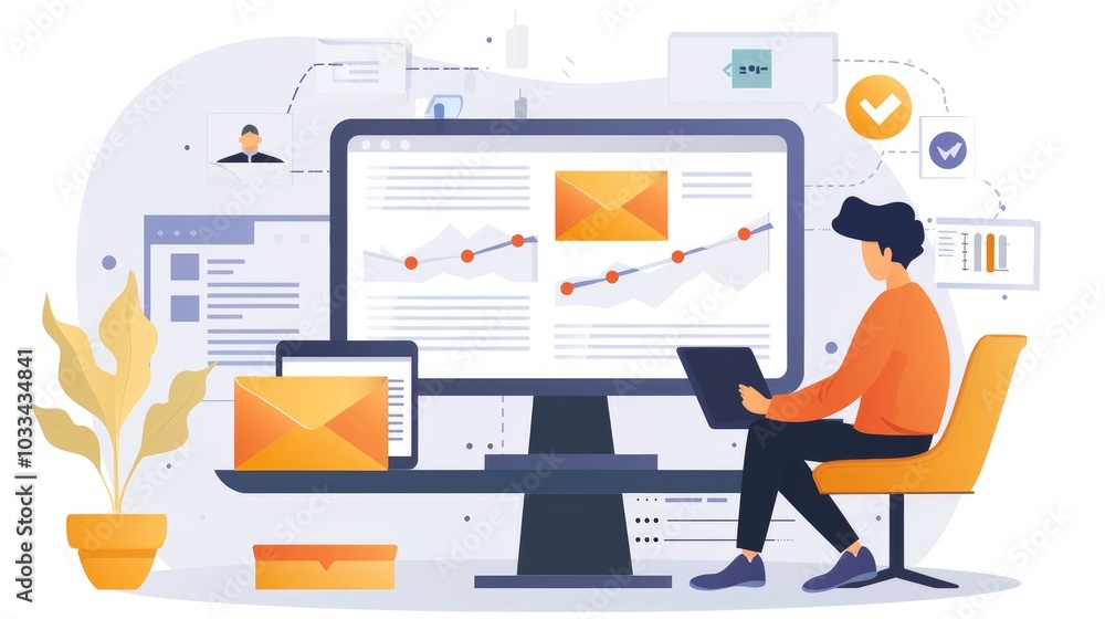 Poster digital marketing workspace with analytics display