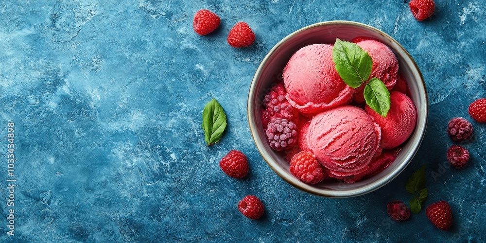 Poster raspberry sorbet, an ice cream scoop topped with fresh berries in a bowl against a blue stone backgr