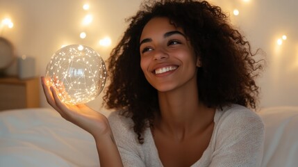 Naklejka premium A young woman with curly hair smiles and holds a glowing orb, surrounded by fairy lights, reflecting on her dreams and aspirations.