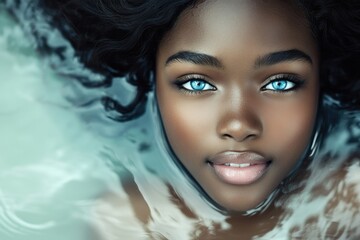 Fototapeta premium An African black girl joyfully floats on the water’s surface, embodying serenity and carefree vibes.
