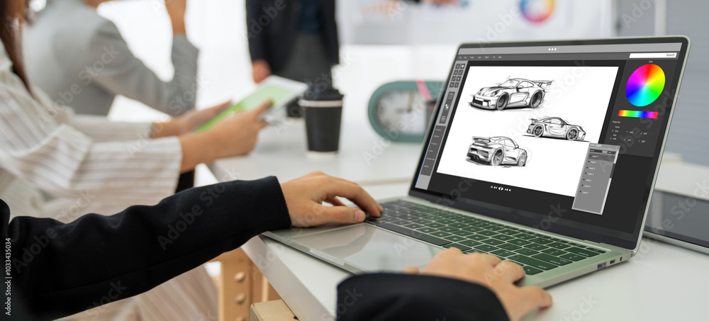 Poster electric car design software on computer screen showing simulation blueprint snugly by digital calcu