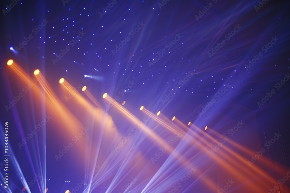 Poster colorful stage lights are beaming down on a stage with a smoke machine creating haze