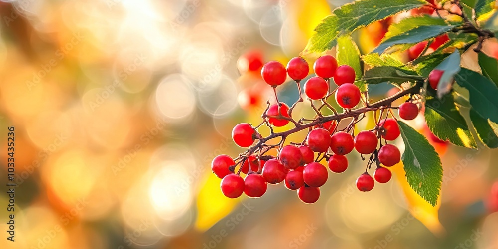 Poster autumn rowan berries on a branch. rowan berries are tart but high in vitamin c. close-up of red berr