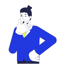 Caucasian male office worker rubbing chin 2D cartoon character. Business suit employee thoughtful pensive stroking chin isolated person flat vector on white background. Spot illustration colorful