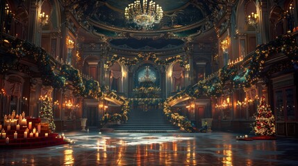 Obraz premium Elegant and lavish Christmas in a grand palace ballroom featuring a magnificent chandelier ornate a luxurious festive atmosphere