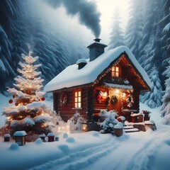 Cozy Snowy Christmas Cabin in the Woods