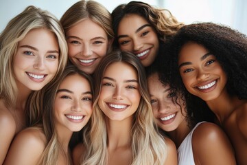 Obraz premium unity and friendship among young women from different cultural backgrounds. Their bright smiles and closeness reflecting the strength of diverse communities.