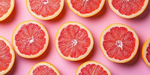 Fresh grapefruit slices on a colorful background. Top view. Copy space. A creative summer idea. Halved citrus in a minimal flat lay with copy space.
