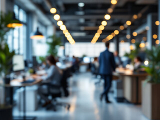 A blurred image of a modern office space with people working at work