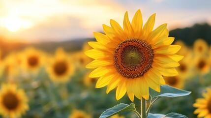 Obraz premium Single Sunflower in a Field at Sunset