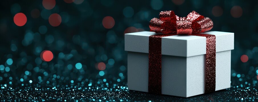 Elegant gift box with a sparkling ribbon, featuring a blank space on the left for personalized text or message.