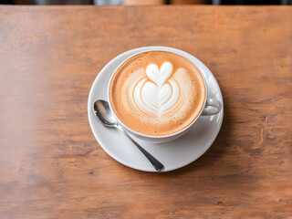 latte or Cappuccino with frothy foam, coffee cup top view on table in cafe.