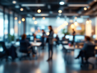 A blurred image of a modern office space with people working at work