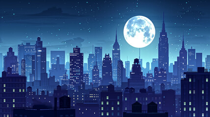 Naklejka premium Full Moon illuminating a city skyline – bright light castin…