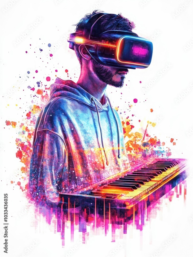 Poster a surreal and immersive digital depicting a virtual reality pianist performing on a keyboard with gl
