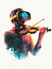 Obraz premium VR musician wearing futuristic goggles and playing a floating holographic violin set against a retro digital backdrop with watercolor accents isolated on a white background