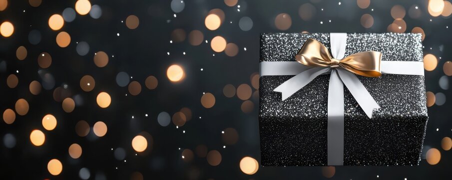 Elegant gift box with a sparkling ribbon, featuring a blank space on the left for personalized text or message.