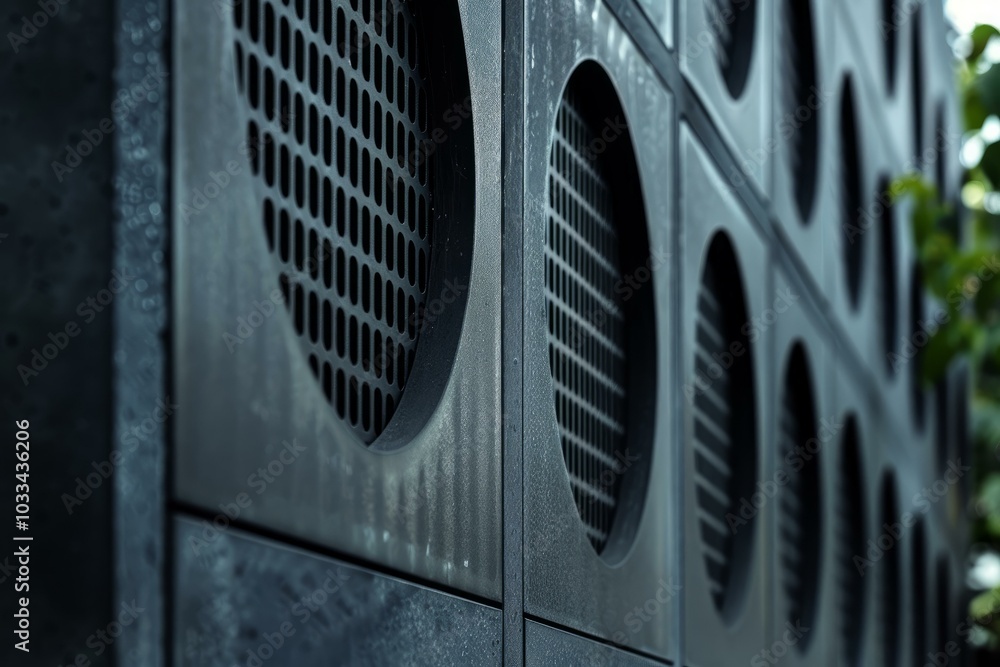 Poster architectural detail showing a pattern of round ventilation grids on a modern building facade