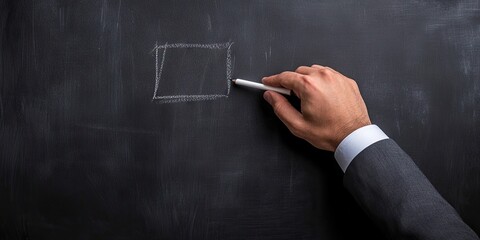 A businessman's hand writing with white chalk on a blackboard, featuring copyspace.