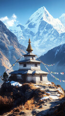 Majestic Buddhist Stupa High in Snow-Capped Mountains Under Clear Blue Sky 