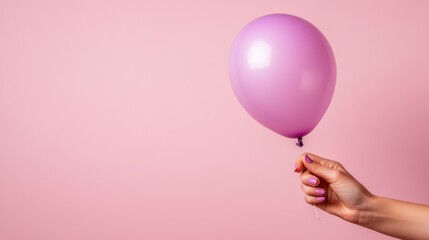 A hand holds a vibrant purple balloon in front of a soft pink backdrop, capturing a sense of celebration and whimsy with a touch of playful elegance.