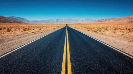 Naklejka premium An empty winding road stretching into the desert horizon under a clear blue sky