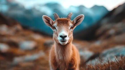 A young goat stands confidently amidst a mountainous landscape backdrop, surrounded by rocks and natural beauty, signifying curiosity and youthful vigor.