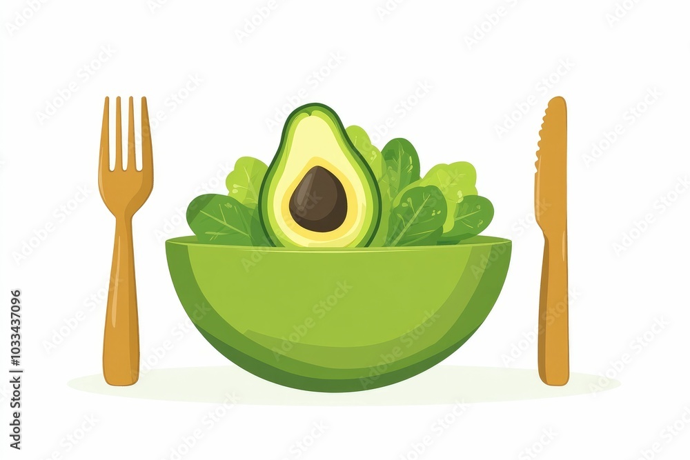 Poster minimalist of a simple salad bowl filled with fresh avocado slices and a fork designed in a flat mod
