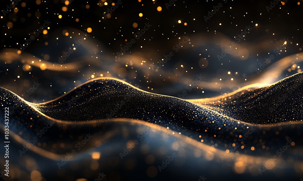 Aufkleber A mesmerizing abstract image featuring shimmering waves with golden highlights against a dark background, evoking a sense of motion and ethereal beauty.