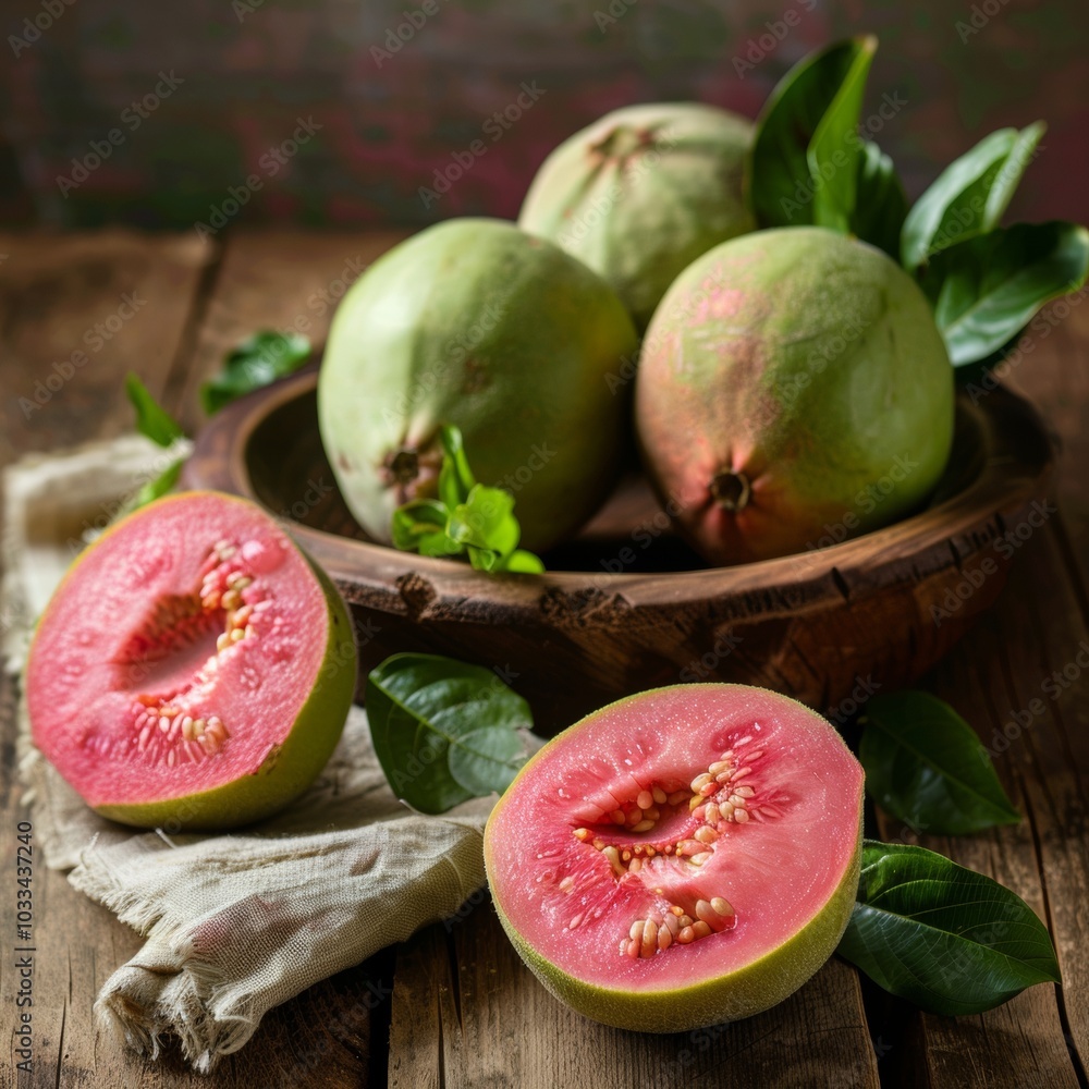 Wall mural fresh guava fruit on wooden table