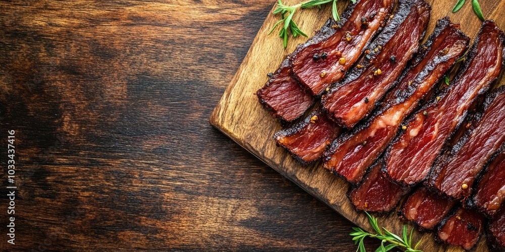 Poster slices of dried and smoked meat on a wooden table. top view. copy space.