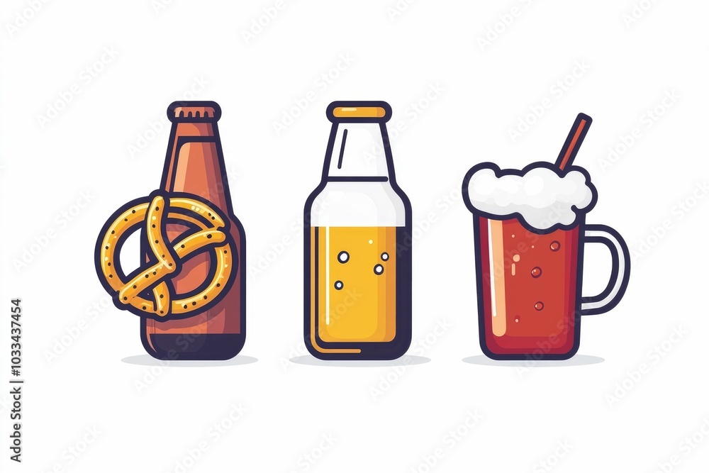 Poster this image features a minimalist flat icon set depicting a beer bottle mug and pretzel arranged toge