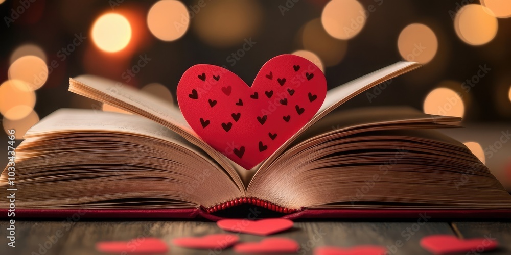 Poster Valentine's Day backdrop featuring an open book with heart-shaped pages.