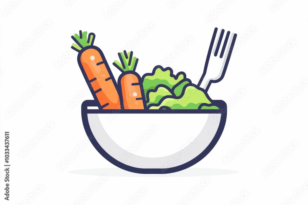 Poster A simple and minimalistic icon depicting a salad bowl filled with fresh vegetables  including a carrot  accompanied by a fork  The design is clean and isolated against a white background