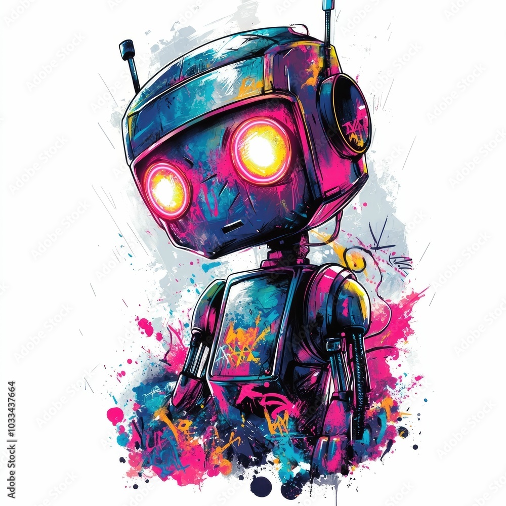 Poster captivating of a robot with glowing neon eyes featuring a vibrant graffiti inspired color design aga
