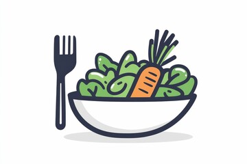 A simple and modern icon depicting a salad bowl  carrot  and fork on a clean white background  This minimalistic design represents healthy  balanced  and eco friendly meal choices