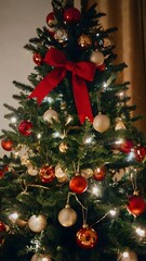 Festive Christmas Tree with Red Bow and Ornaments