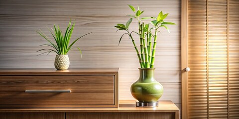 Long Exposure Image of a Serene Vase with Lucky Bamboo on a Chest of Drawers, Capturing Tranquility and Elegance in Home Decor, Perfect for Interior Design Inspiration and Zen Atmosphere