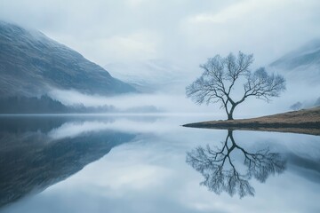 A solitary tree stands on a small island in a misty lake, its reflection mirrored in the still water, with mountains in the background.