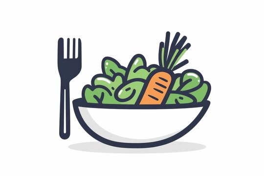 A simple and modern icon depicting a salad bowl  carrot  and fork on a clean white background  This minimalistic design represents healthy  balanced  and eco friendly meal choices