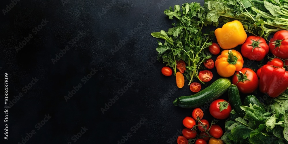 Aufkleber top view of fresh vegetables for healthy nutrition. black background with copyspace.