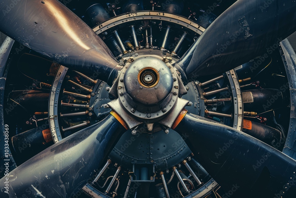 Poster Powerful airplane engine with four blade propeller rotating and generating power