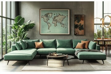 Stylish scandinavian living room interior of modern apartment with wooden commode, design armchair, carpet, leaf in vase, table lamp and personal accessories in unique home decor, Generative AI