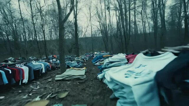Discarded shoes litter a forested area, highlighting environmental pollution and waste disposal issues