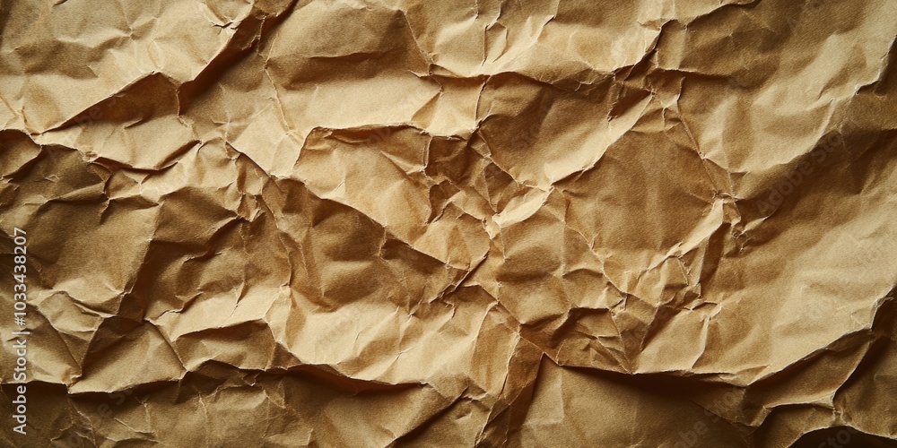 Poster old brown crumpled paper backdrop featuring copy space for design. close-up view.
