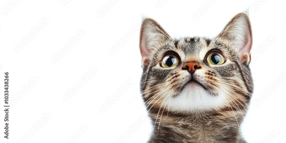 Poster close-up of a curious grey tabby cat gazing up at the copyspace area, set against a white background