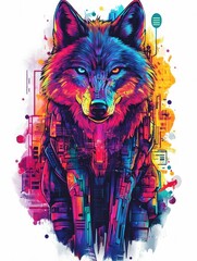 Vibrant Neon Wolf with Robotic Mechanical Details Bold Graffiti Inspired Cyberpunk Themed Digital on Isolated White Background